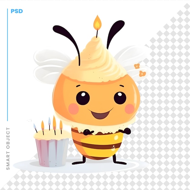 PSD lindo personaje de cupcake de helado de dibujos animados con alas y vela ilustración vectorial