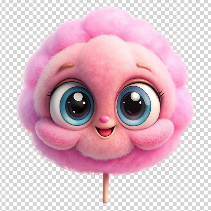 PSD lindo personaje de dibujos animados de algodón de caramelo con ojos grandes fondo blanco aislado