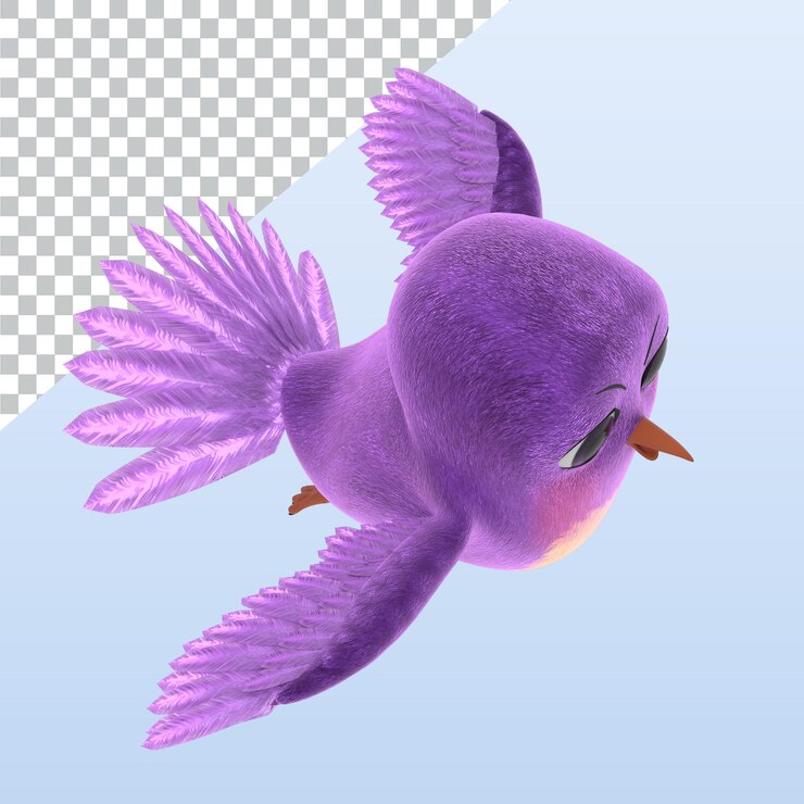 PSD lindo personaje de dibujos animados de pájaros en 3d renderizado en 3d en color púrpura ilustración de alta resolución