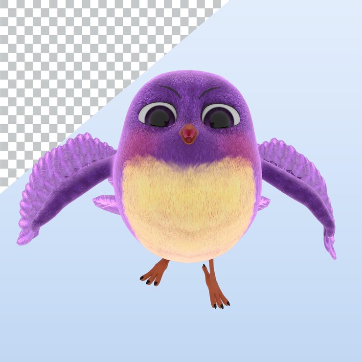 PSD lindo personaje de dibujos animados de pájaros en 3d renderizado en 3d en color púrpura ilustración de alta resolución