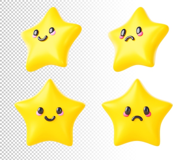 PSD lindo personaje de expresión de emoción de estrella 3d iconos de renderizado conjunto caricatura aislada sonriente y triste personaje kawaii para diseño de interfaz de usuario colección de adorables pequeños emoji estrella vista frontal y angular ilustración 3d