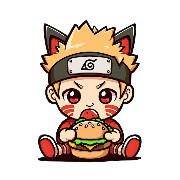 PSD lindo personaje de naruto comiendo hamburguesa