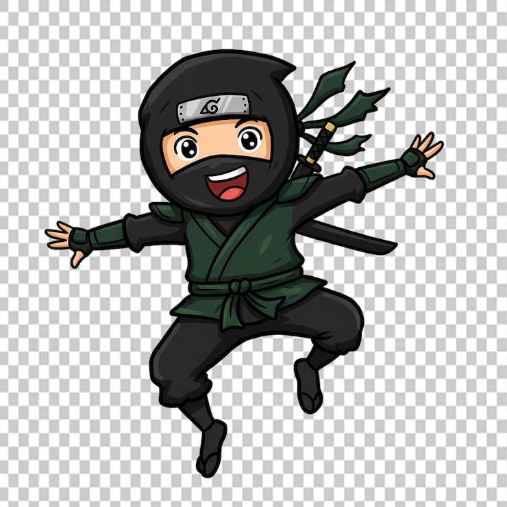 PSD un lindo personaje ninja de dibujos animados con una gran sonrisa