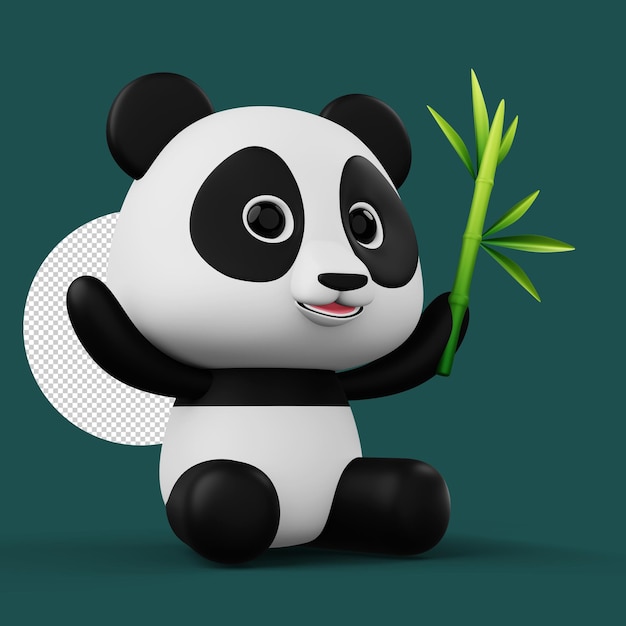 PSD lindo personaje panda con renderizado 3d de bambú