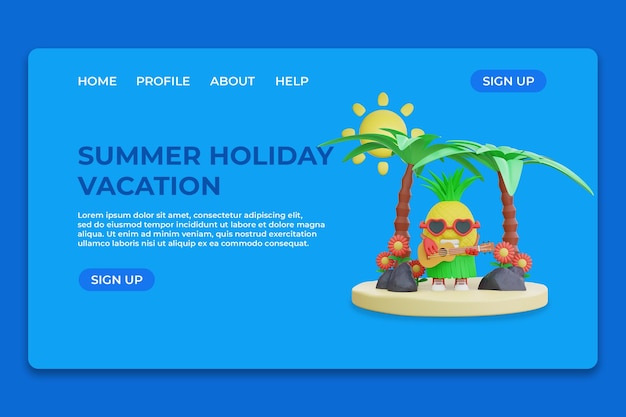 PSD lindo personaje de piña en 3d para la página de inicio de vacaciones de verano