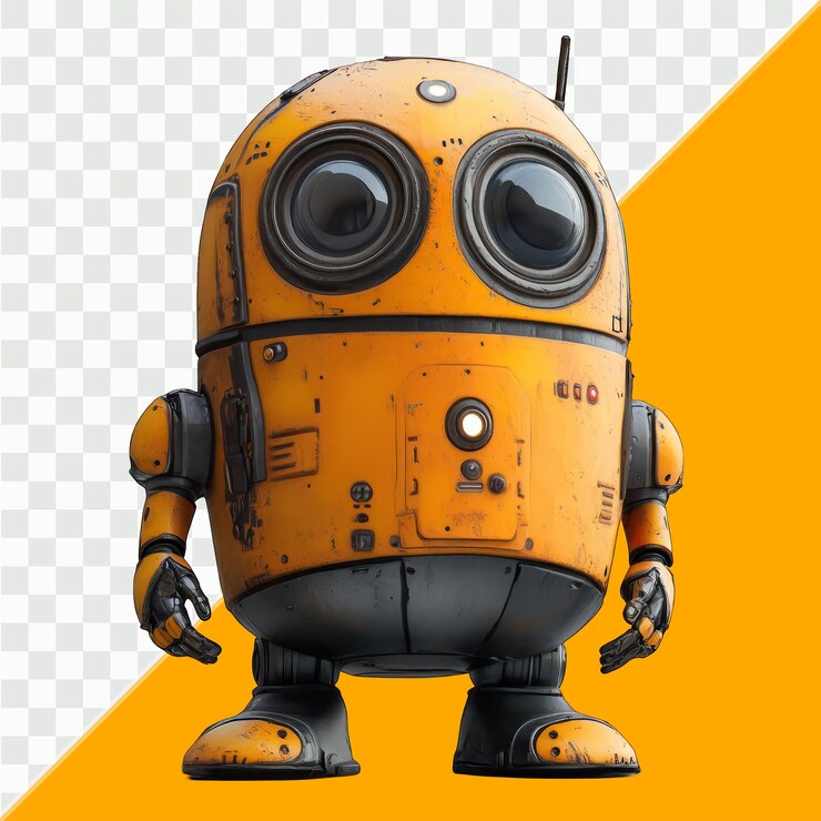 PSD lindo personaje robot de dibujos animados con cara sonriente traje naranja y blanco ilustración vectorial plana en t