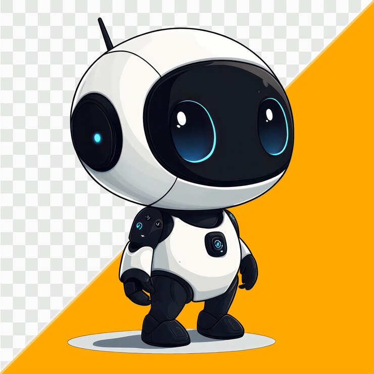 PSD lindo personaje robótico 3d con cuerpo blanco y negro diseño futurista de pie en transparente y o