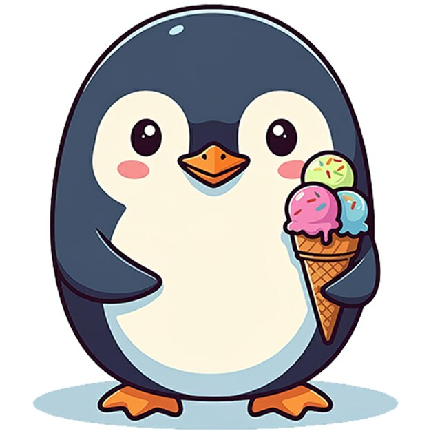 Un lindo pingüino redondo sosteniendo un cono de helado con una gran sonrisa feliz en un fondo transparente