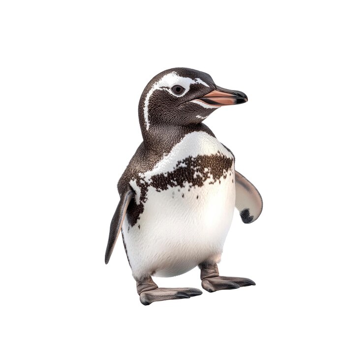 PSD el lindo pollito de pingüino de pie sobre un fondo blanco