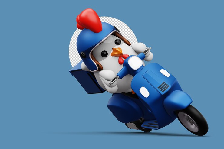 PSD lindo pollo montando scooter entrega pollo renderizado 3d
