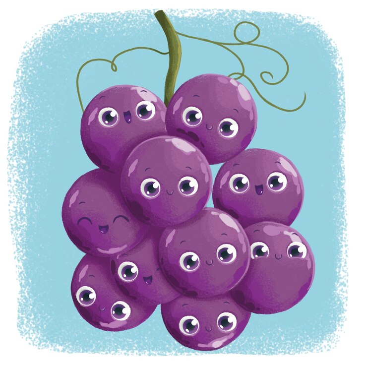 PSD lindo ramo feliz de uvas personaje de dibujos animados estilo kawaii aislado en fondo azul claro