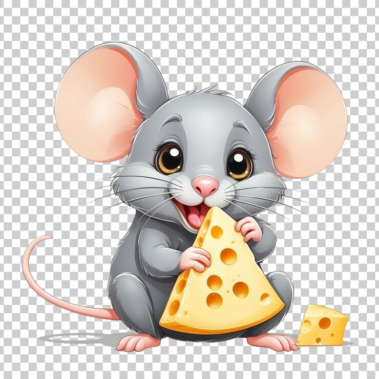 PSD lindo ratón comiendo queso dibujado aislado en blanco