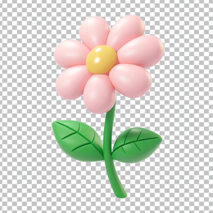 PSD lindo renderizado en 3d de una flor rosa con hojas verdes aisladas sobre un fondo transparente