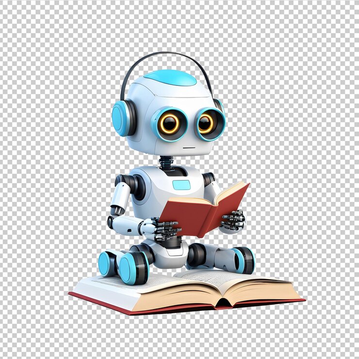 PSD el lindo robot chatbot de ia leyendo un libro aislado sobre un fondo transparente