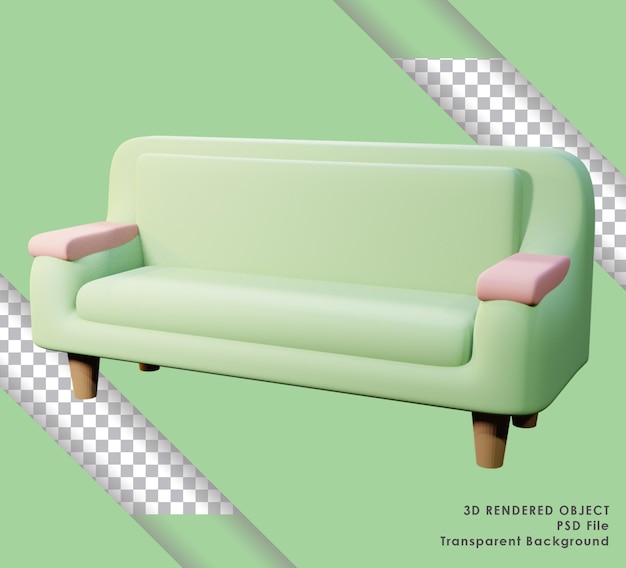 Lindo sofá de renderizado 3D verde con fondo transparente