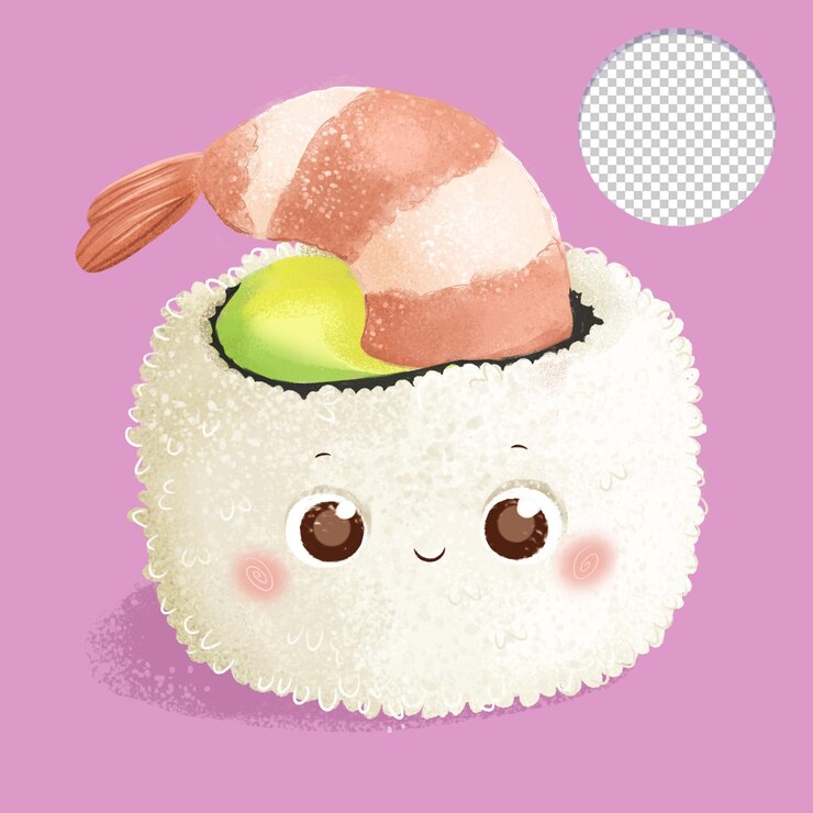 PSD lindo sushi dibujos animados estilo kawaii camarones uramaki aislado sobre fondo lila