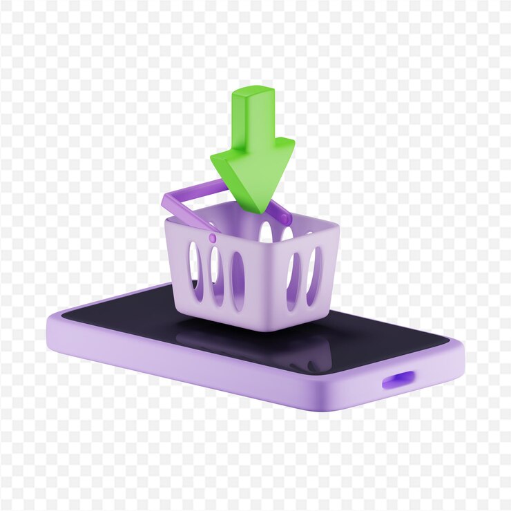 PSD un lindo teléfono con un carrito de compras haciendo una compra.