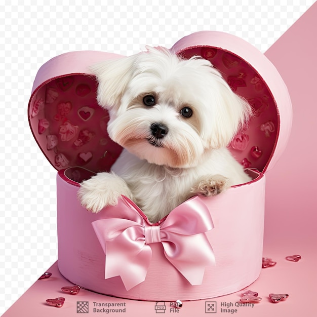 PSD lindo terrier maltés con accesorio para el cabello rosa sentado en una caja en forma de corazón con fondo transparente