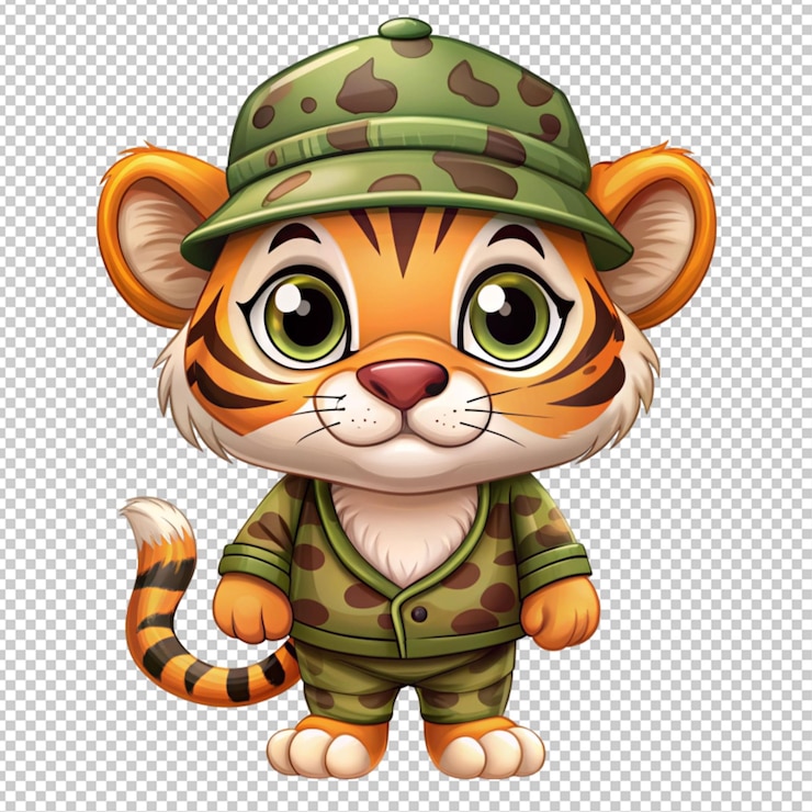 PSD un lindo tigre de dibujos animados en una gorra militar sobre un fondo transparente