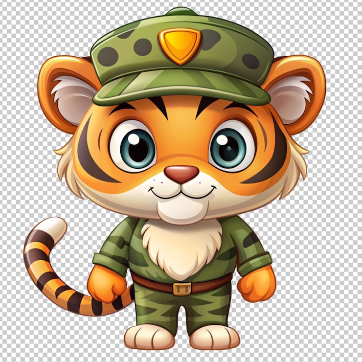 PSD un lindo tigre de dibujos animados en una gorra militar sobre un fondo transparente
