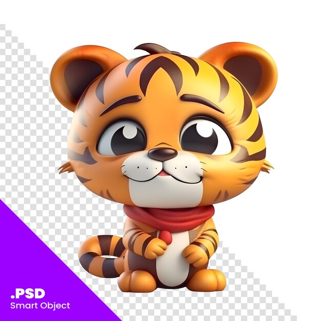 PSD lindo tigre de dibujos animados sobre un fondo blanco. representación 3d. plantilla psd