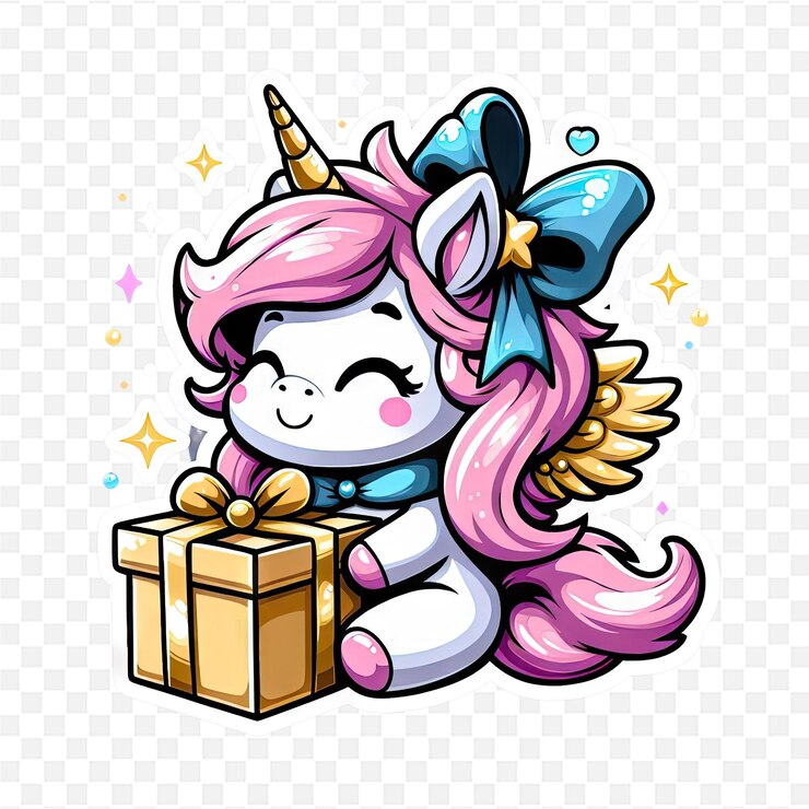 PSD un lindo unicornio con un arco y alas se sienta frente a una caja con un lindo unicornio y un arco