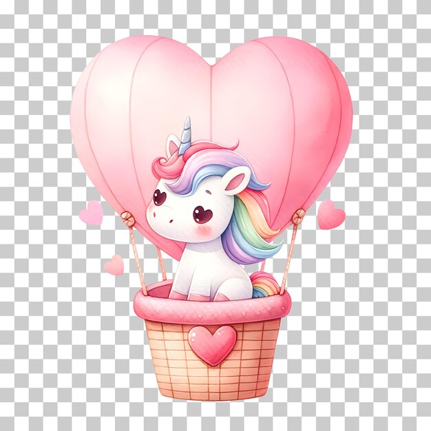 Lindo unicornio volando en un globo aerostático en forma de corazón acuarela aislada ilustración de imágenes prediseñadas de vivero