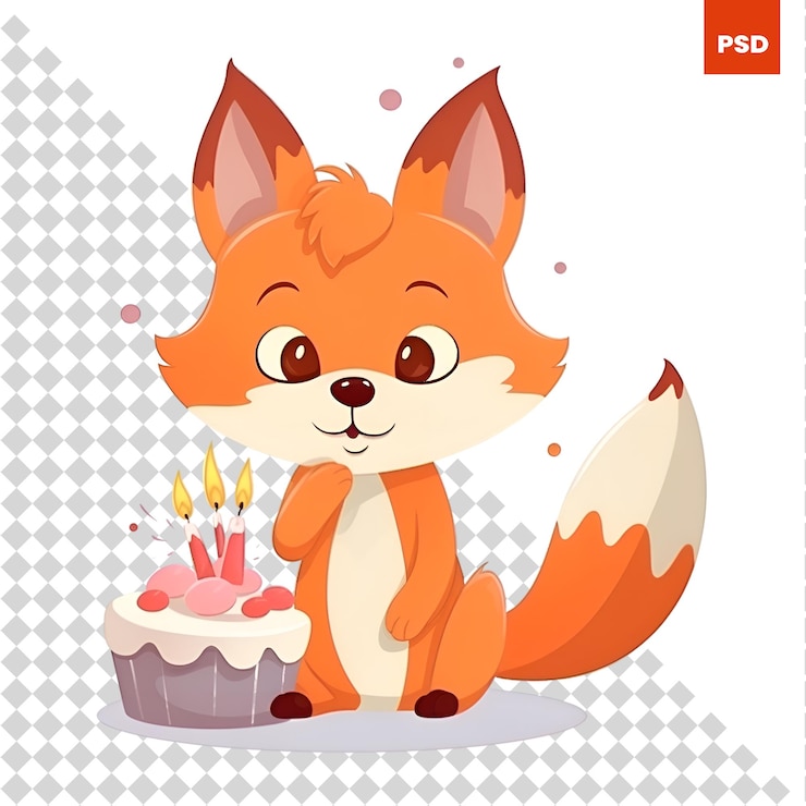 PSD lindo zorro de dibujos animados con pastel de cumpleaños ilustración vectorial aislado sobre fondo blanco