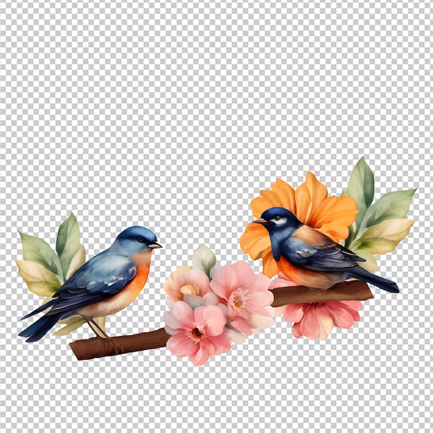 PSD lindos pássaros na ilustração do quadro de borda do galho