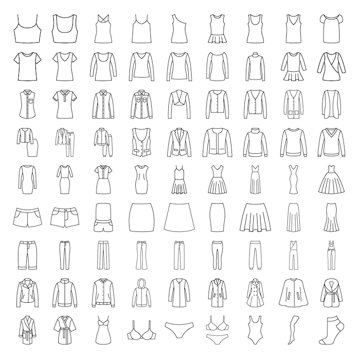 PSD line icone donne abbigliamento di moda isolato