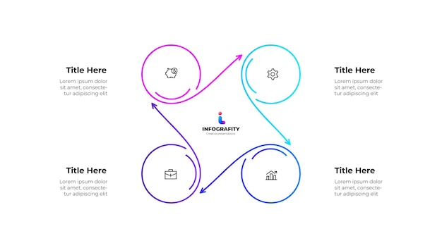 Line infographic featuring a circular diagram with 4 steps options or processes