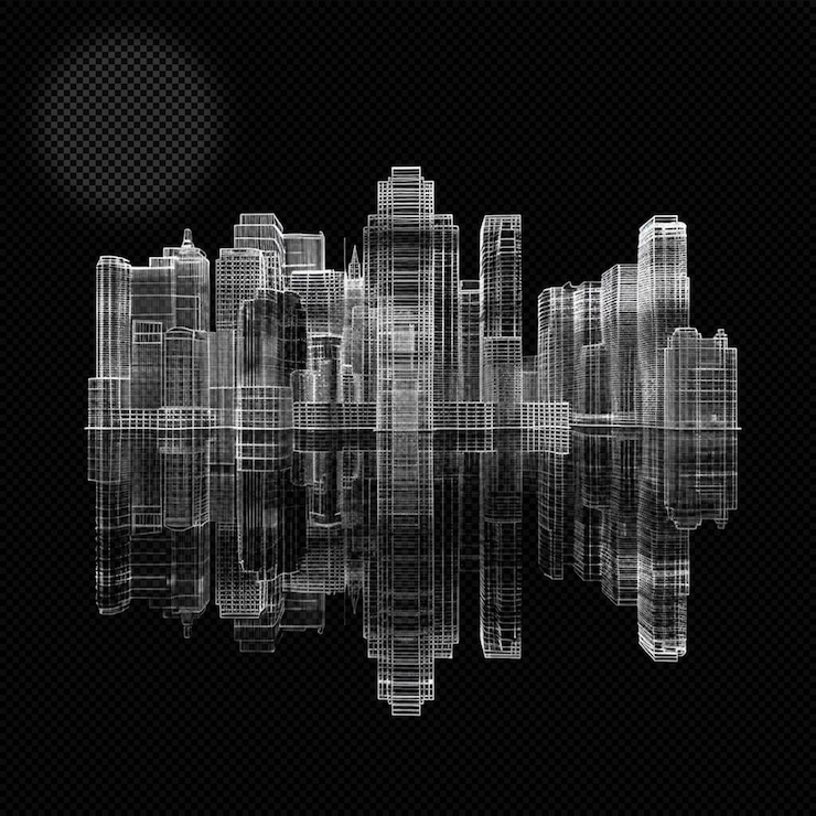 PSD línea de edificios de la ciudad efecto de boceto holográfico fondo transparente