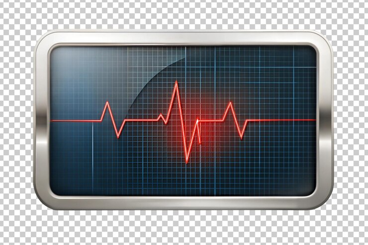 PSD línea roja de latidos cardíacos mostrada en un monitor con un fondo de cuadrícula que ilustra los signos vitales en un entorno médico aislado en un fondo transparente