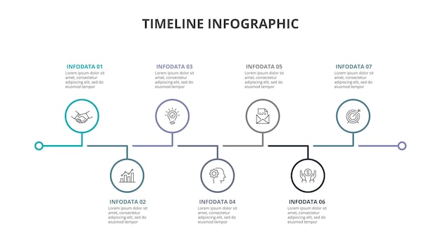 Línea de tiempo de infografía con líneas finas y círculos gráfico de proceso diagrama con 7 pasos u opciones