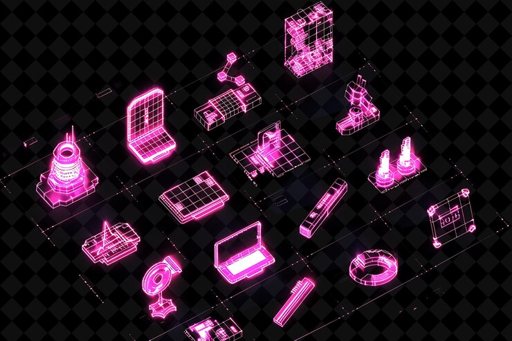 PSD líneas de herramientas comerciales iconos con brillo animado en 16 bits pi creative set color de neón colección y2k