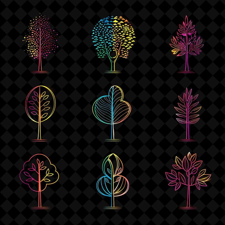 PSD líneas de íconos de árboles con luminescencia brillante en graffiti conjunto creativo color de neón colección y2k