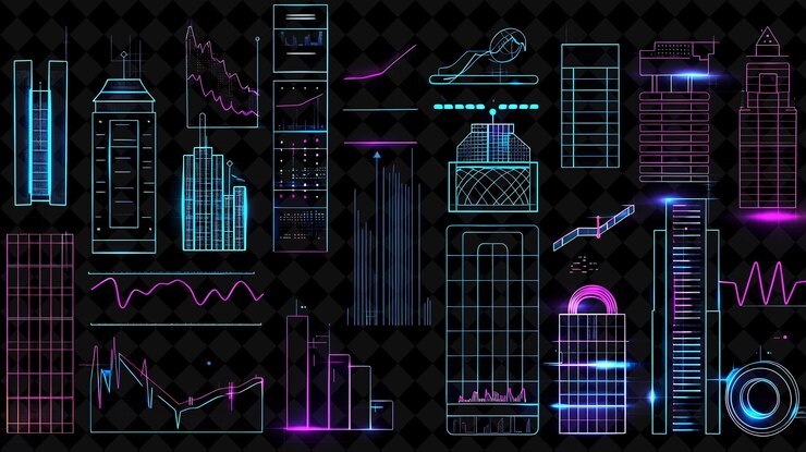 PSD líneas de iconos de la bolsa de valores con brillo animado en línea s creative set color de neón colección y2k