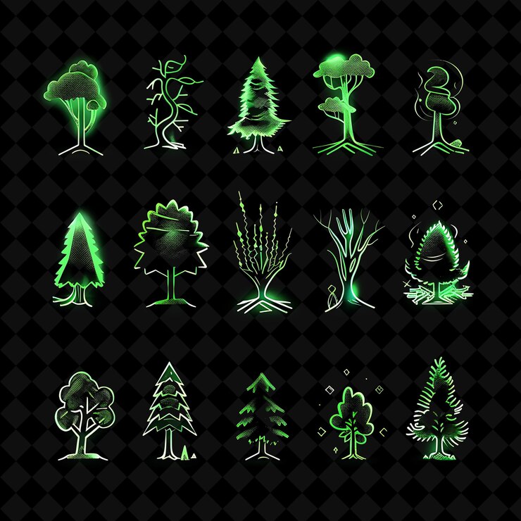 PSD líneas de íconos de bosque con brillo pulsante y 16 bits de píxeles un conjunto creativo neon color y2k collection