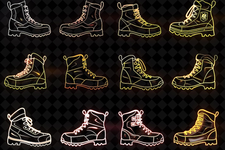 PSD líneas de iconos de botas de senderismo con luminescencia pulsante y r creative set color de neón colección y2k