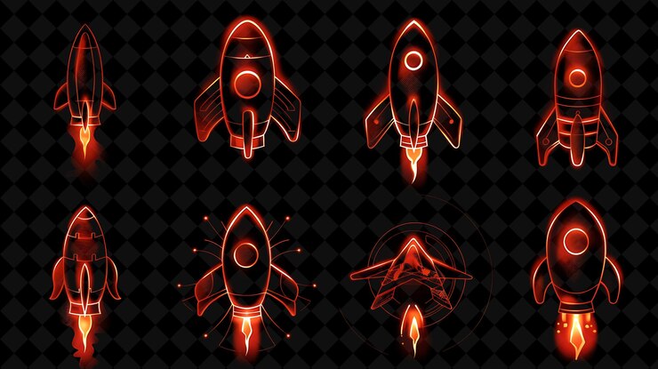 PSD líneas de iconos de cohetes con luminescencia brillante en graffi conjunto creativo color de neón colección y2k