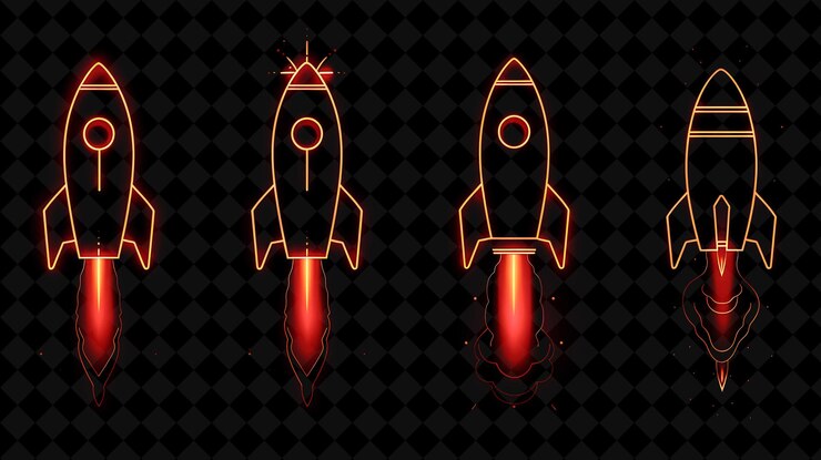 PSD líneas de iconos de cohetes con luminescencia brillante en graffi conjunto creativo color de neón colección y2k