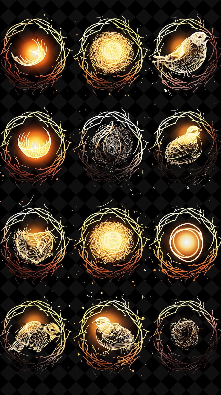 PSD líneas de íconos de nido con luminescencia pulsante y 8 bits ar creative set color de neón colección y2k