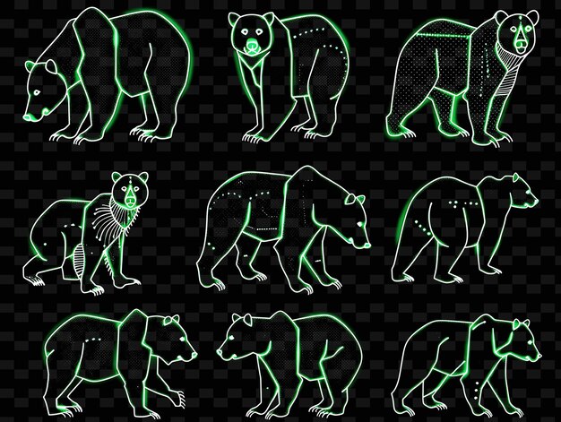 Líneas de íconos de oso con brillo pulsante y estilo punteado en conjunto PNG Iconic Y2K Shape Art Decorative