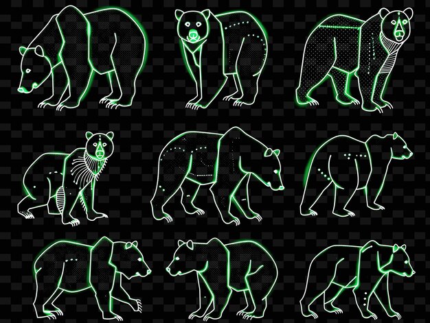 PSD líneas de íconos de oso con brillo pulsante y estilo punteado en conjunto png iconic y2k shape art decorative