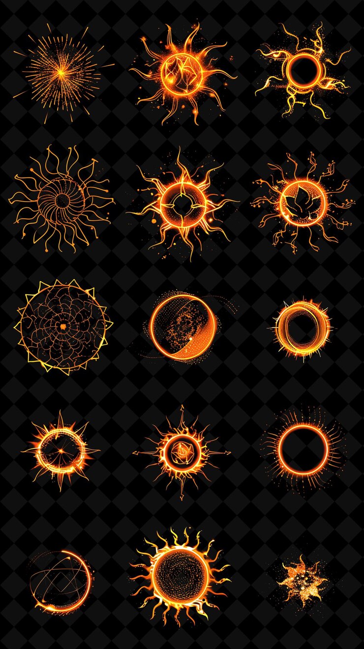 PSD líneas de íconos del sol con luminescencia pulsante y graffiti conjunto creativo de color neón colección y2k