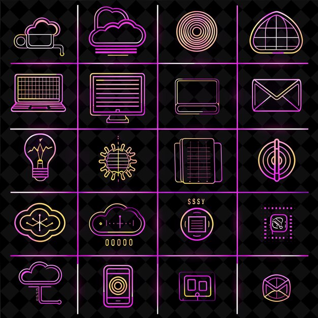 Líneas de iconos tecnológicos con un estilo de línea de señales de neón y un conjunto creativo Color de neón Colección Y2K