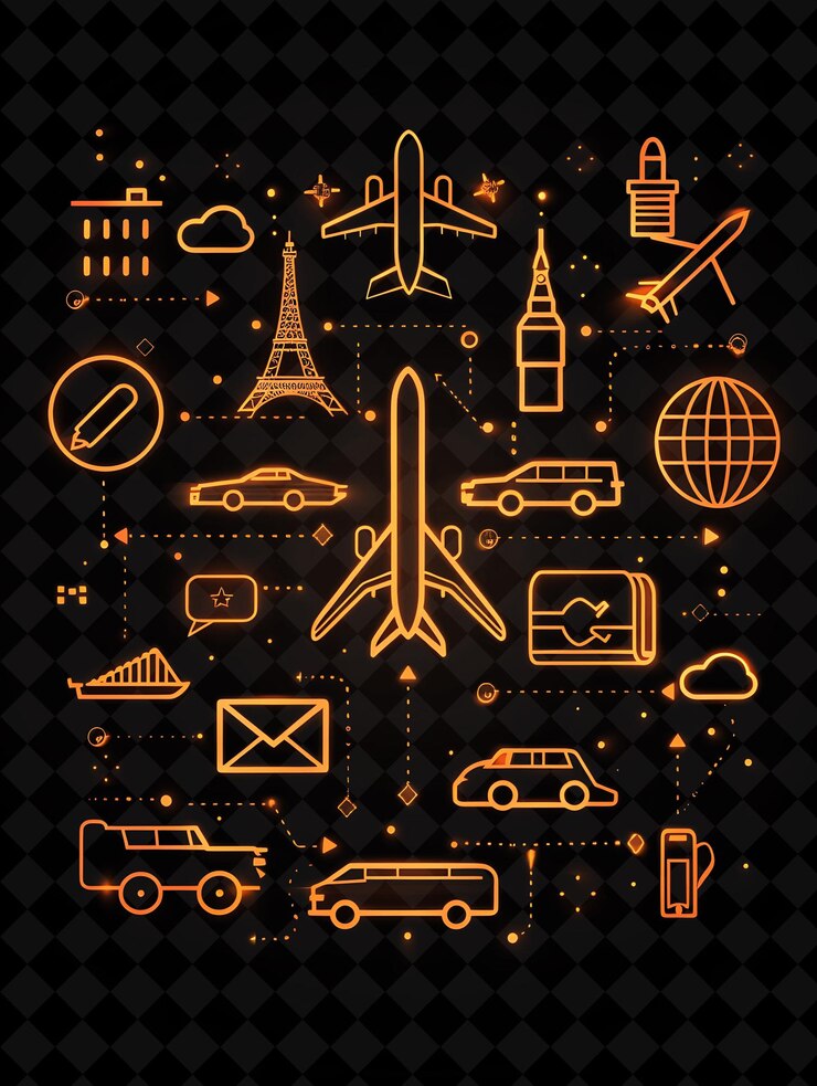 PSD líneas de íconos de viaje con un estilo punteado y efecto de contorno conjunto creativo colección neon color y2k