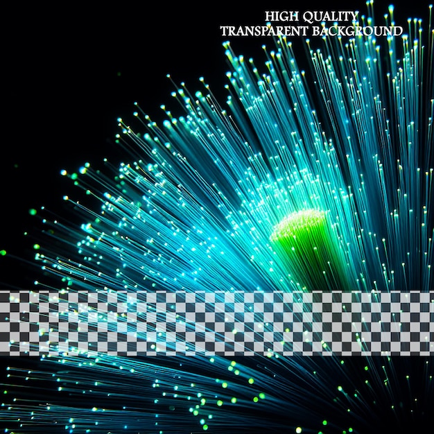 Líneas de luz delgadas de fibra óptica verde y azul sobre un fondo transparente