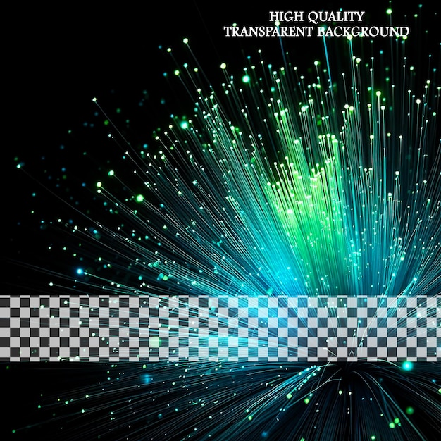 Líneas de luz delgadas de fibra óptica verde y azul sobre un fondo transparente