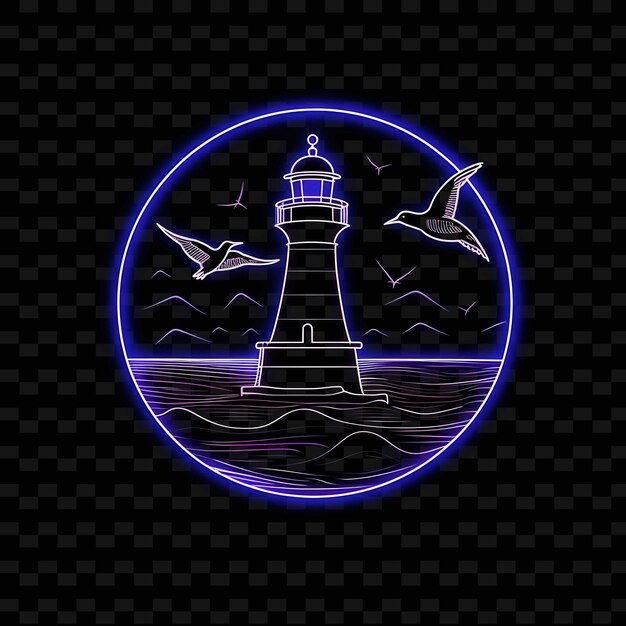Líneas de neón Faro azul náutico Líneas de neón circulares Decoración de gaviota Y2K Formas Gradientes PSD